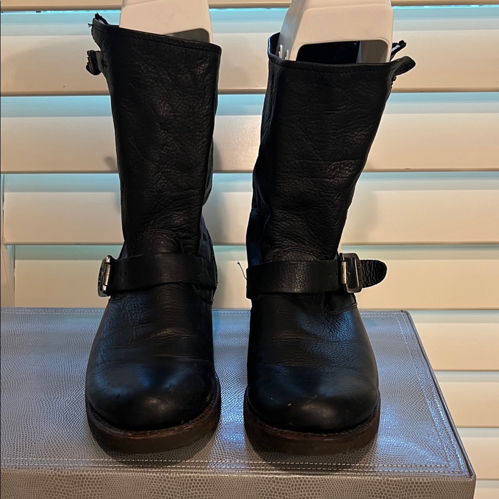 Frye Black Leather Combat Moto Boots